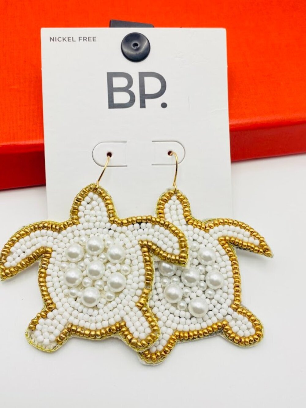 BP Nordstrom Beaded Sea Turtle Earrings Pearl White Gold Tone 2” NWT Coastal